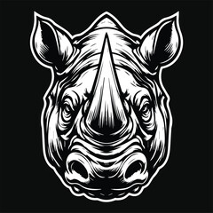 Obraz premium Dark Art Wild Rhino Head with Sharp Horn Black and White Illustration