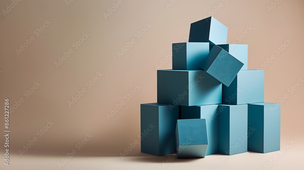 Poster 1. create a towering pyramid of interlocking cubes in shades of blue, casting soft shadows on a beig