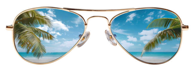 Stylish aviator sunglasses reflecting a tropical beach scene, cut out
