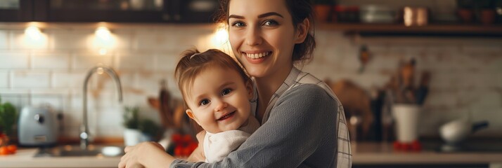 A cheerful mother holds her baby in a cozy kitchen setting, with warm lighting and a sense of comfort filling the scene.