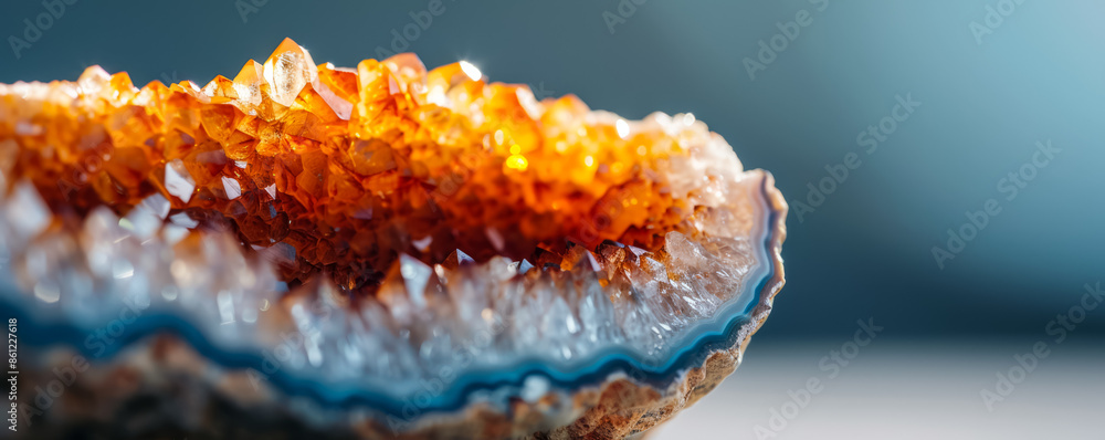Poster detailed macro shot displaying radiant crystal formations inside a geode