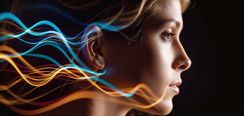 Naklejka premium Auditory perception, person listens or hearing deteriorates , waveforms visualize sounds propagating in the surrounding air