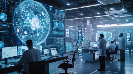 Scientists in a lab are using display devices and engineering to work on computers, exploring fonts and electric blue. They also share entertainment and art, while dealing with darkness in their job