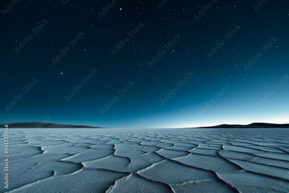 Poster dreamlike extraterrestrial terrain under starry sky, background with empty space for text