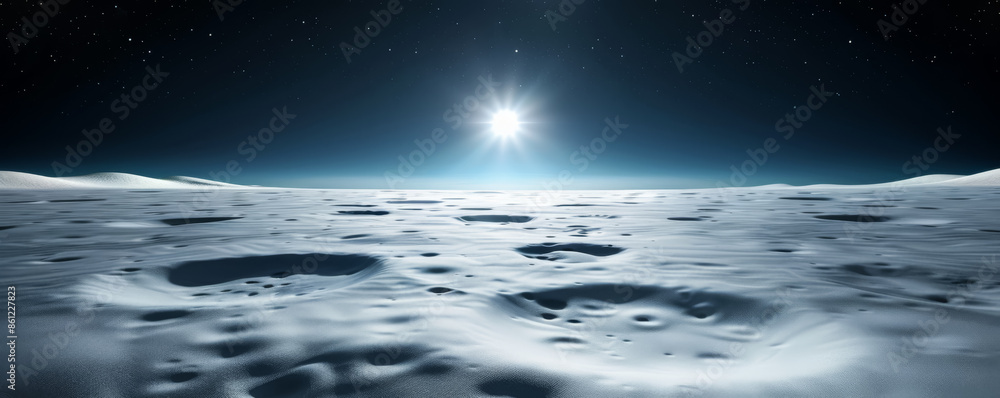 Poster dreamlike extraterrestrial terrain under starry sky, background with empty space for text