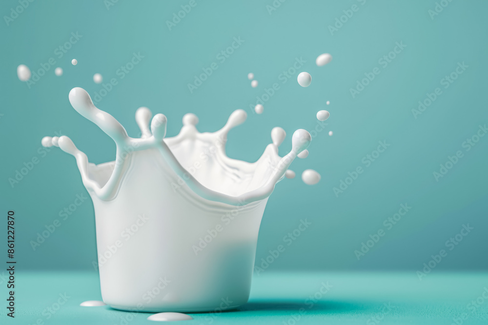 Poster dynamic milk splash frozen in motion, isolated on a gradient background
