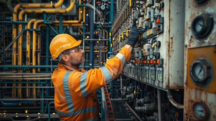 Fototapeta premium An engineer man inspecting an electrical panel at a chemical plant. Generative AI.