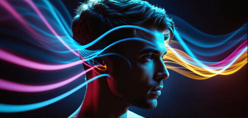 Auditory perception, person listens or hearing deteriorates , waveforms visualize sounds propagating in the surrounding air