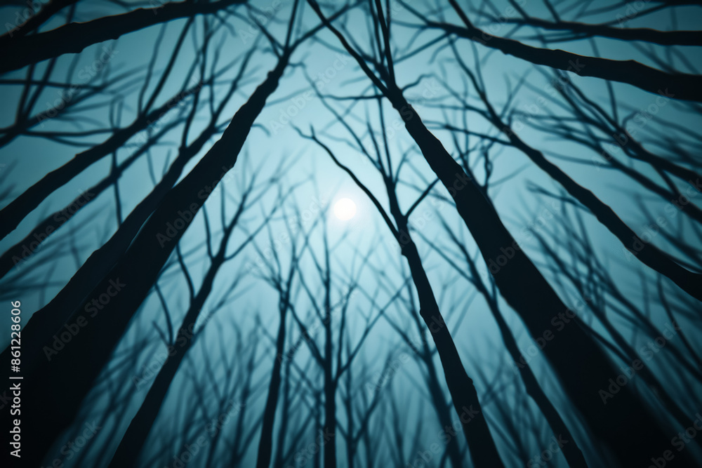 Poster gloomy moonlight filters through twisted trees in an eerie haunted forest