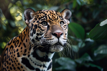 Obraz premium A jaguar with striking spots, captured in a close-up against a green, leafy background