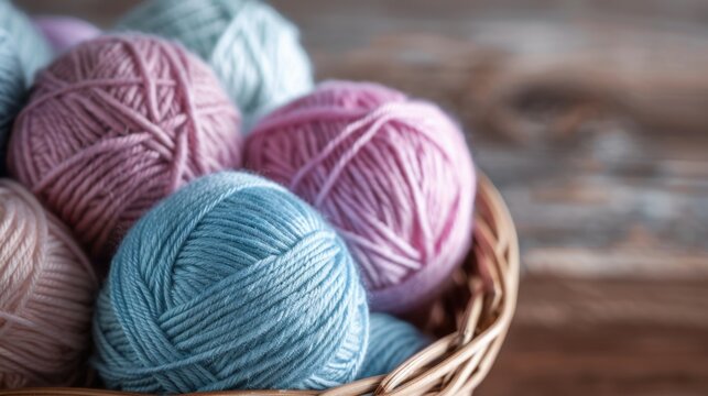 A close-up shot of colorful yarn balls in a basket on a rustic wooden background, perfect for knitting, crochet, and craft projects.