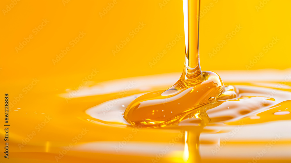 Poster golden honey drizzle flowing over a reflective amber surface, creating a glossy abstract background