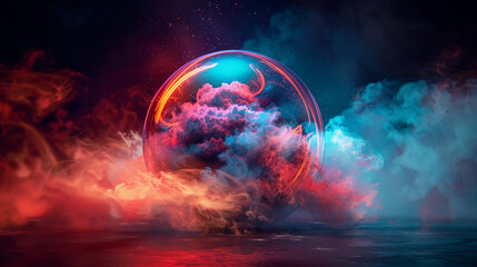 3D Spectacular cosmic cloud explosion within transparent sphere with red background. Nebula and stars in space concept with purple neon. Abstract wallpaper and creative design, AI Generative.