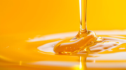 Golden honey drizzle flowing over a reflective amber surface, creating a glossy abstract background 