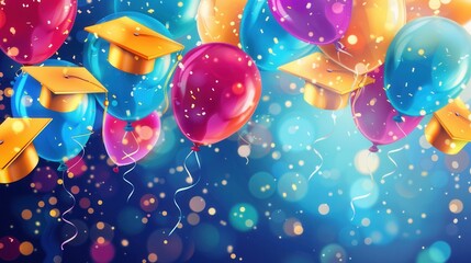 Balloons with congratulatory messages and graduation caps float in the air, celebrating a graduation party at a university or college. Generative AI