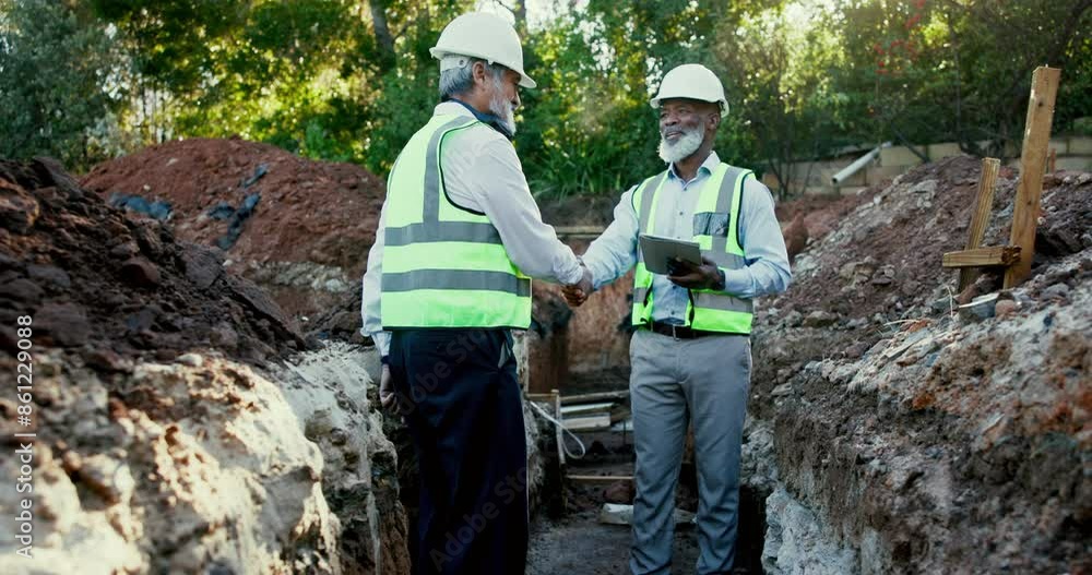 Poster engineer, handshake and architect with tablet at construction site for collaboration, hello and meet