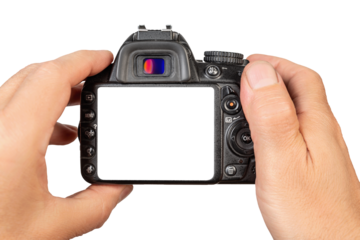 Hands Holding Digital Camera With Blank Screen Isolated On Transparent Background
