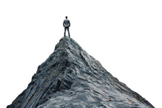 Businessman standing on top of a mountain peak, cut out