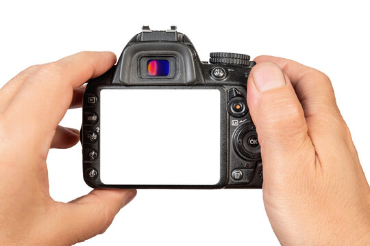 Hands Holding Digital Camera With Blank Screen Isolated On Transparent Background