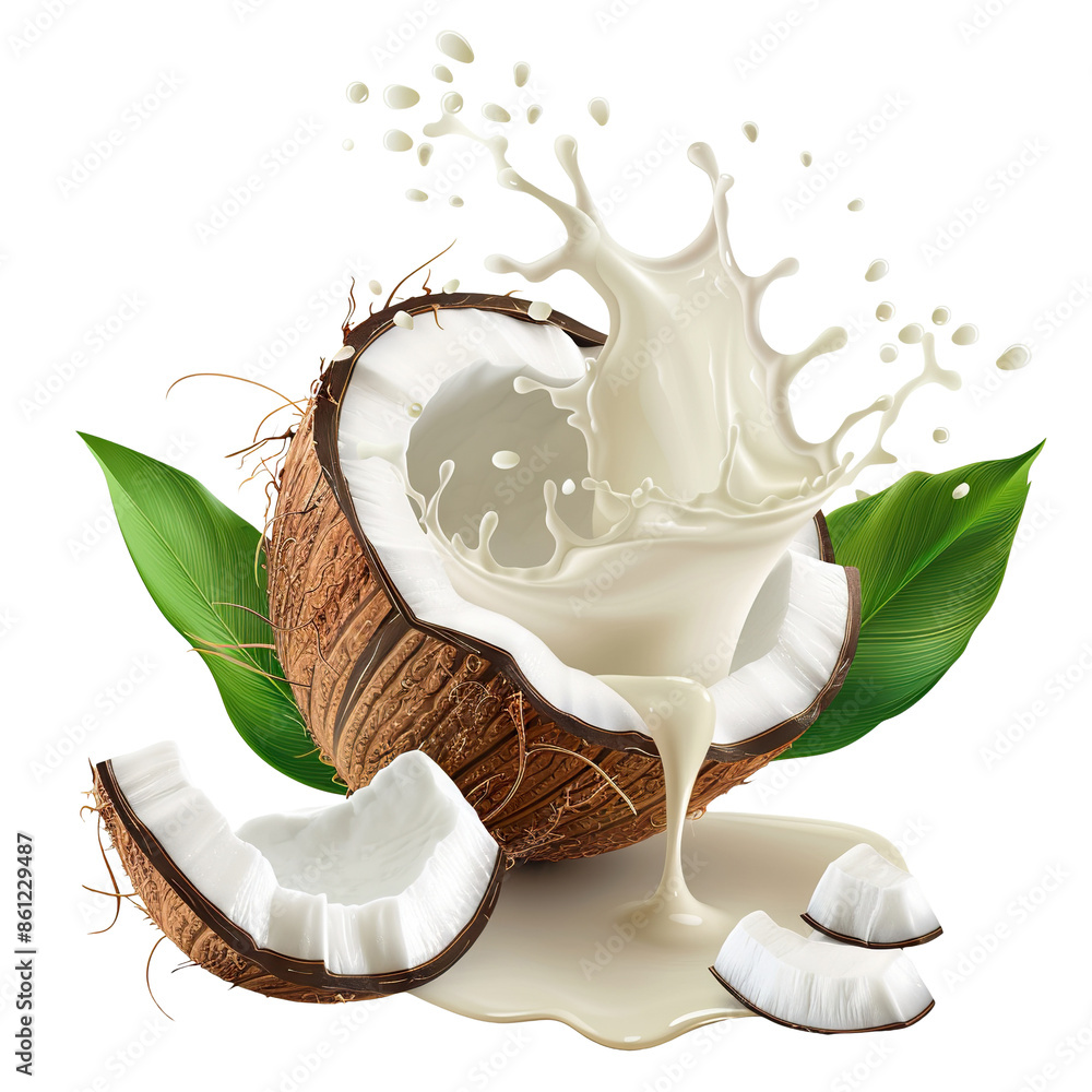 Wall mural fresh coconut splashing milk and leaves, cut out