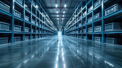Fototapeta premium A perspective view of a long aisle in a contemporary warehouse. Tall metal shelving units are stocked neatly with labeled boxes.