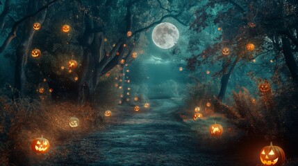 Obraz premium A spooky night scene of a moonlit forest path, decorated with glowing jack-o’-lanterns hanging and on the ground, creating a haunting atmosphere.