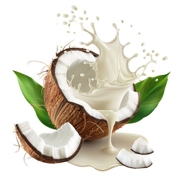 Fresh coconut splashing milk and leaves, cut out