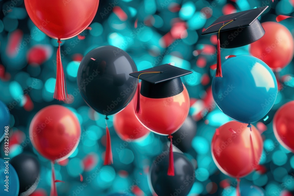 Poster a close-up image of brightly colored balloons with graduation caps and tassels floating against a bo