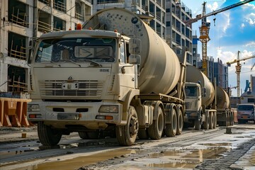 Cement Mixer Trucks Parked in Construction Site