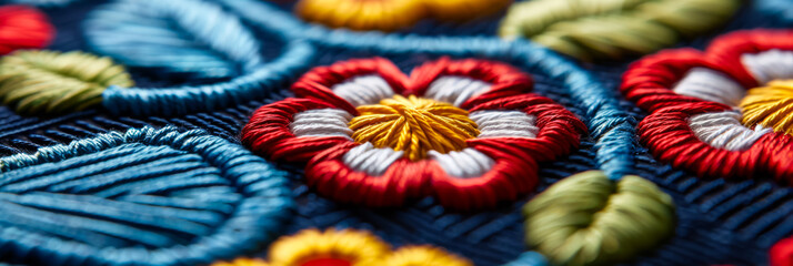 Naklejka premium Macro shot of elaborate embroidery on velvet, highlighting meticulous threadwork 