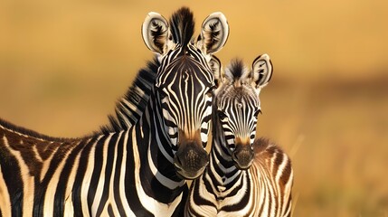 Naklejka premium Plains zebra and foal stand facing camera. 