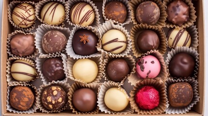 A collection of assorted chocolate truffles with varied designs and flavors, artfully arranged in an open box with paper liners.