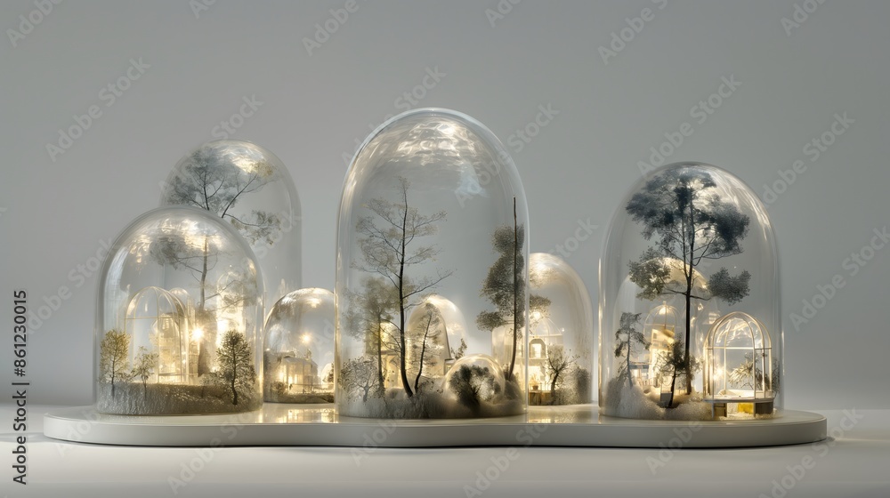 Poster 8. arrange an array of transparent glass domes, each containing a miniature world of reflections and