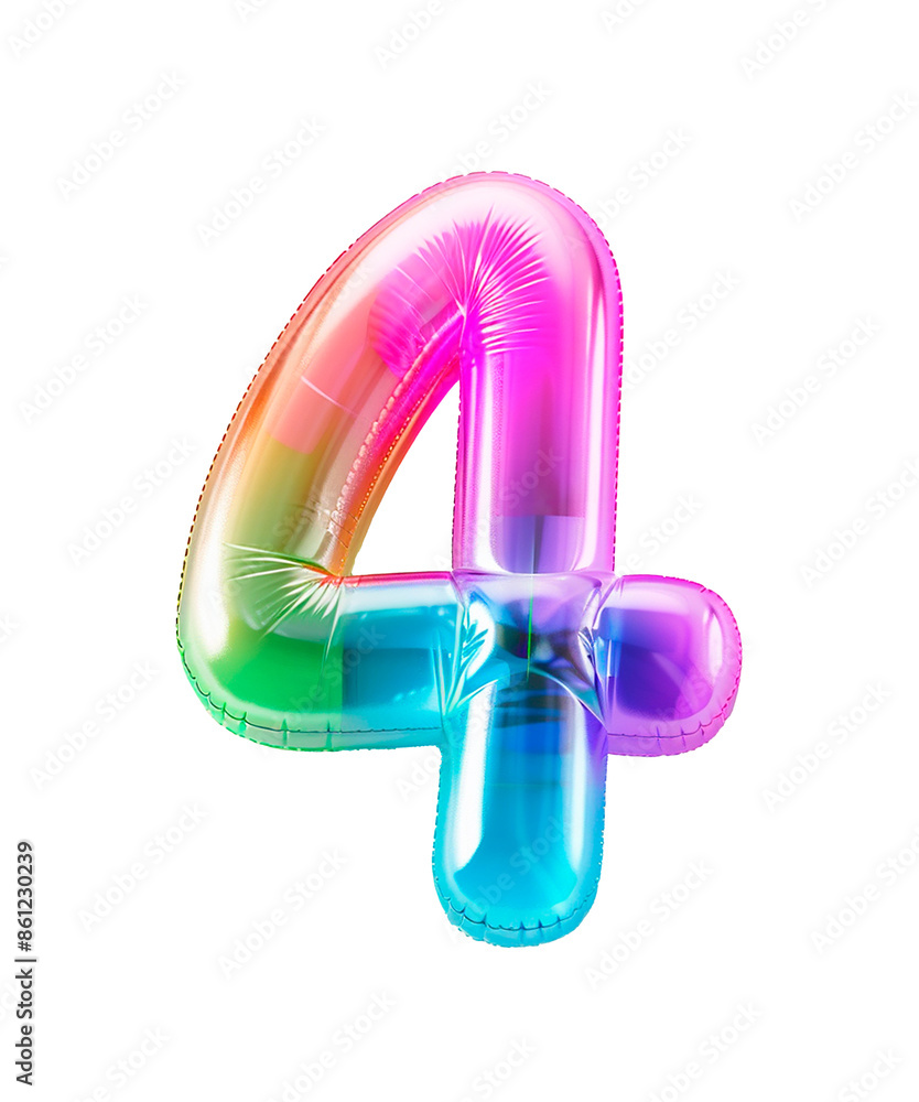 Poster ai generated photo with inflatable multicolored neon number 4. minimalistic balloon isolated on a tr