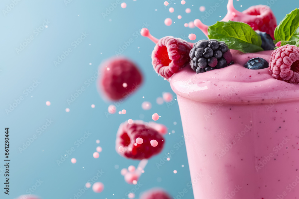 Poster smoothie blend splash frozen mid-air, background with empty space for text