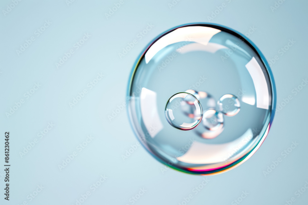 Poster soap bubble burst and liquid splash, background with empty space for text