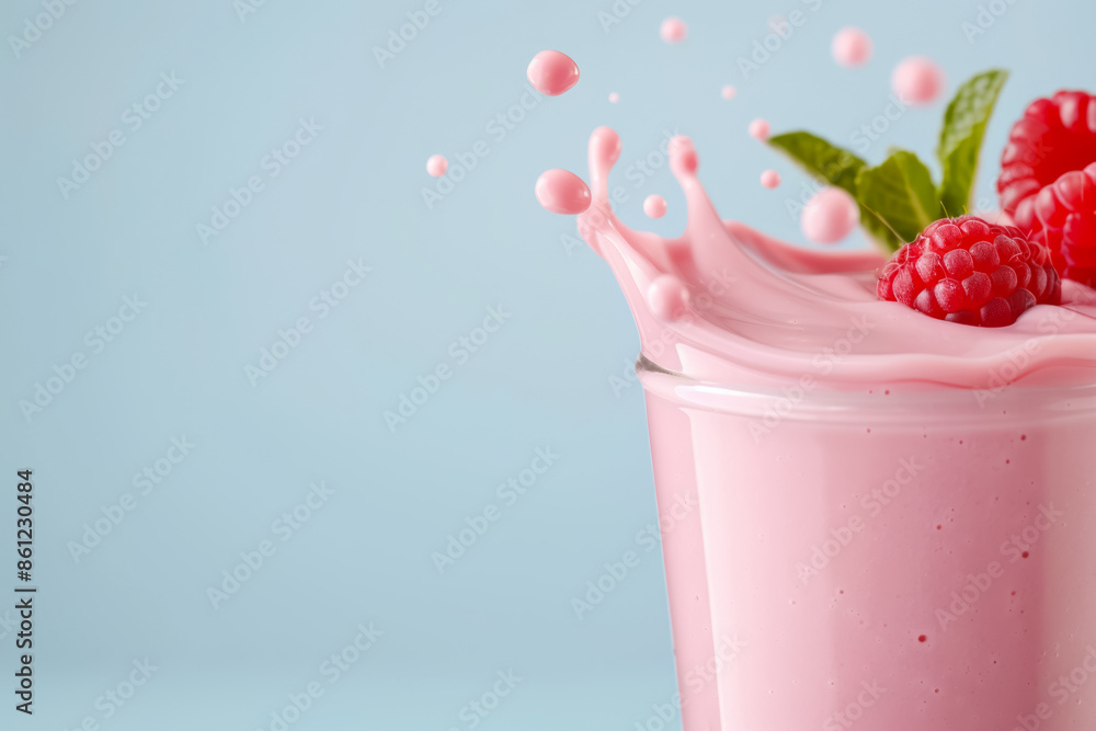 Poster smoothie blend splash frozen mid-air, background with empty space for text