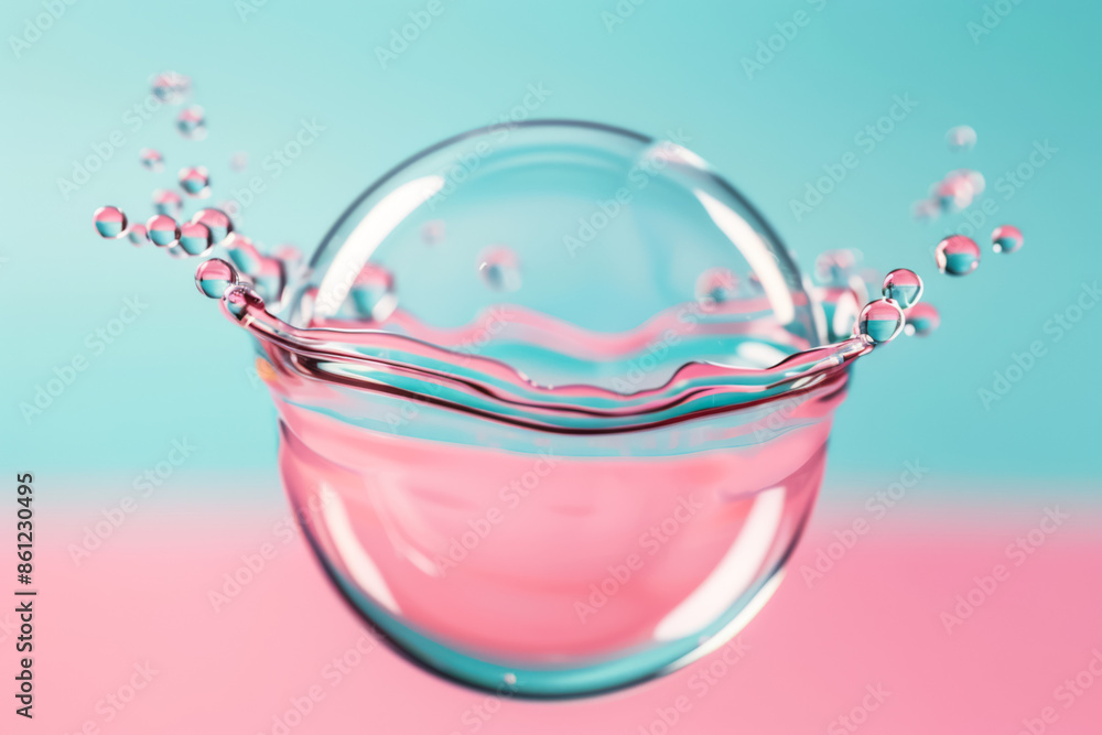 Poster soap bubble burst with liquid splash captured, isolated on a gradient background