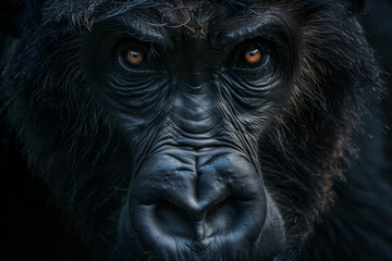 Obraz premium Close-up of a gorilla’s intense gaze, showcasing its deep eyes and fur details, against a dark background
