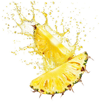 Fresh delicious pineapple slices splashing in juice, cut out