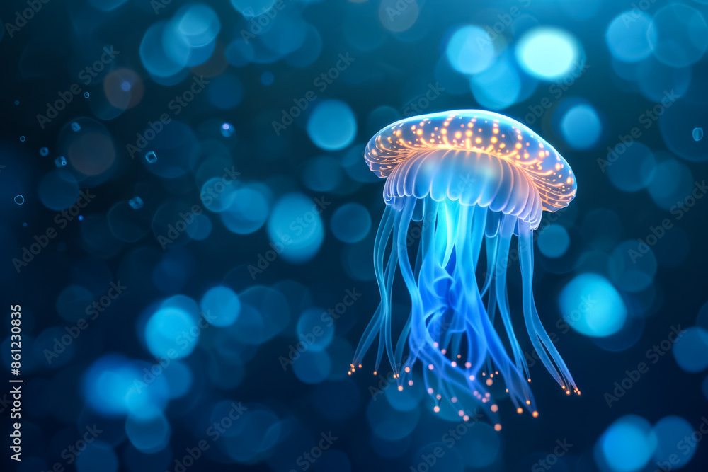Aufkleber underwater scene with bioluminescent sea creature, background with empty space for text