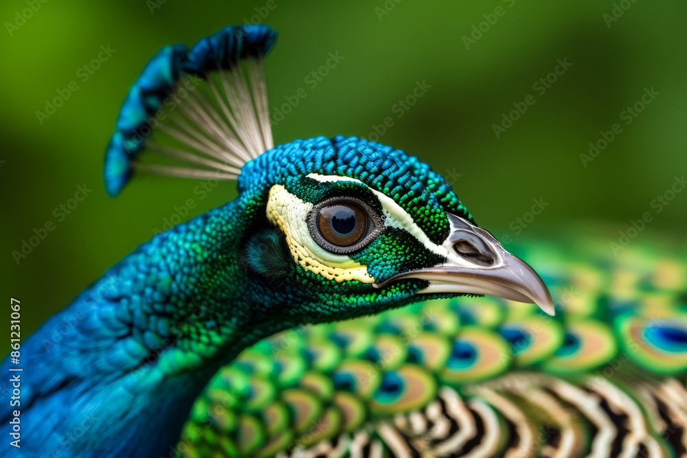 Poster vivid macro capture showcasing the intricate patterns on peacock feathers