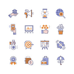 Flat icons set of seo optimization, web development, digital marketing, network technology, cyber security and productivity icons.