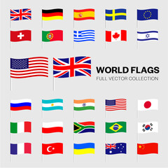 Waving flags of the world. Collection of flags - full set of national flags. Set of world sovereign state flags. Vector illustration.