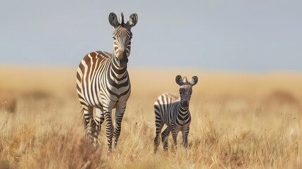 Plains zebra and foal stand facing camera. 