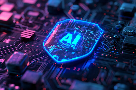 Futuristic AI microchip with a glowing blue shield, integrated into a circuit board with illuminated components