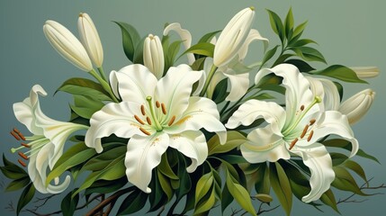Obraz premium Branch of white lilies on green background