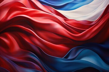 A vivid depiction of flowing fabric in red, white, and blue, creating a dynamic and abstract visual effect.