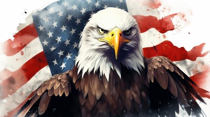 Naklejka premium A fierce bald eagle stands proudly in front of a weathered American flag, symbolizing strength and patriotism.