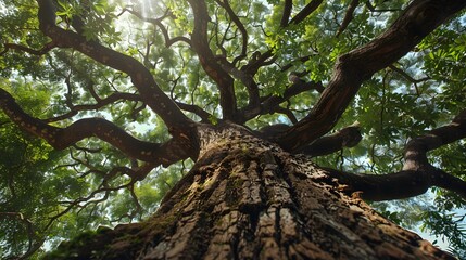 a large, shady tree illuminated by sunlight